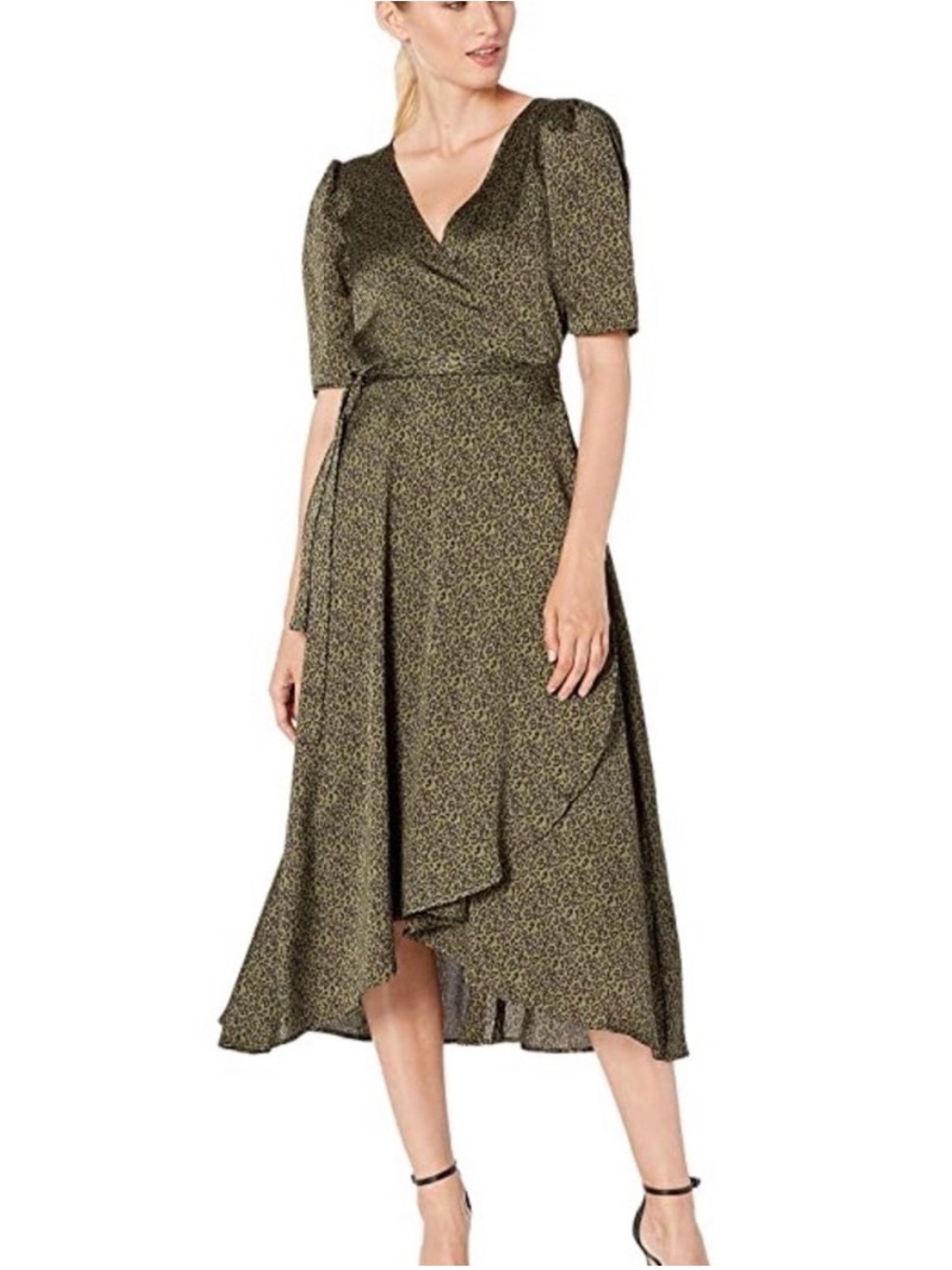 Gorgeous! Olive Ditzy Cheetah Print Wrap Midi Dress with Puff Sleeves Size M